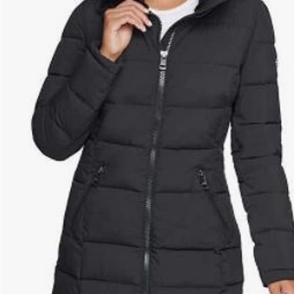 Andrew Marc ladie’s long stretch coat fur hooded jacket size XL color black NWT - Picture 2 of 7